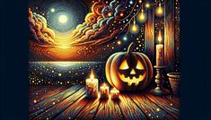 a painting of two pumpkins on a wooden floor with candles in front of them