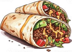 two burritos filled with meat, lettuce and cheese on white background