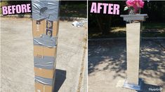 before and after photos of a snowboard with flowers in the top, on concrete