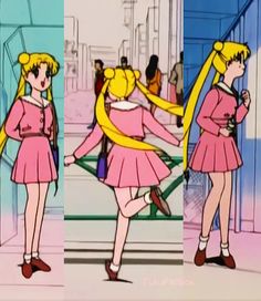 three different views of the same girl in pink dresses and yellow hair, one with ponytails on her head