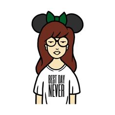 a girl with glasses and mickey ears on her head is wearing a white shirt that says,