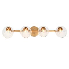 three light bathroom fixture with clear glass globes on the top and gold trimming