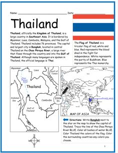 Printable Worksheet with flag of Thailand and a simple map of Thailand and surrounding. Includes Bangkok (capital) and Myanmar, Laos, Cambodia, Malaysia, Vietnam, Gulf of Thailand, Gulf of Adaman Missions Conference, Countries Of Asia, Kids Travel Journal, Country Facts, Map Activities, Worksheet For Kids, Maps For Kids