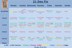 a blue poster with words and numbers on it that say, 21 day fix monday wednesday thursday friday saturday