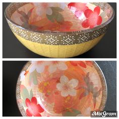 two bowls with flowers painted on them, one is yellow and the other is orange