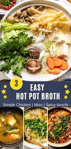 the cover of easy hot pot broth is shown with pictures of different dishes and vegetables