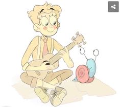 a person sitting on the ground with a guitar and snail in front of them,