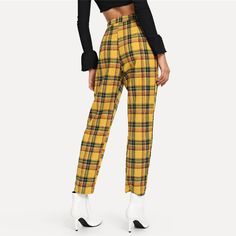 FREE SHIPPING Trends Plaid Pants JKP1392 Fall Casual Straight Leggings, Casual Straight Leggings For Fall, Yellow Tapered Leg Bottoms For Fall, Casual Plaid Tapered Leg Pants, Baggy Pants Outfit, Side Pants, Pants Model, Sports Bags, Ootd Summer