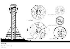 an architectural drawing of a tower with various sections and details on it, including the spiral staircase