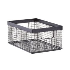 a black metal basket with two handles