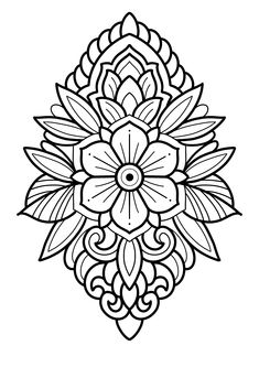 a black and white drawing of a flower with leaves in the shape of a circle