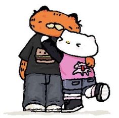 a drawing of a cat hugging a person in front of a white background with the caption hello kitty