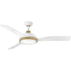 a white ceiling fan with a light on the top and two blades attached to it