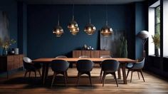 a dining room with dark blue walls and wooden flooring is illuminated by pendant lights