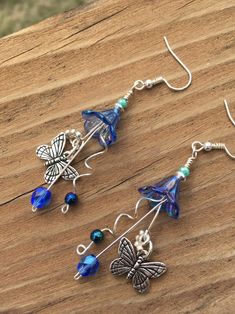 Tropical Accessories, Silver Butterflies, Blue Flower Earrings, Crystal Jewelry Necklaces, Diy Earrings Easy, Whimsical Nature, Handmade Wire Jewelry