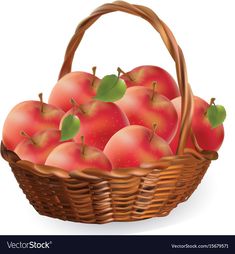 a basket full of red apples with green leaves