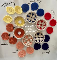 crochet pie coasters arranged in a circle with the words crochet life written on them