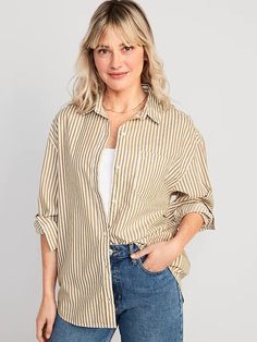 Oversized button-down boyfriend shirt featuring stylish designs for all ages, perfect for a trendy and comfortable look. Striped Flannel Outfits, Womens Button Down, Tan Striped Shirt Outfit, Striped Boyfriend Shirt Outfit, Trendy Shirt With Pockets And Shirttail Hem, Everyday Collared Shirt With Roll-up Sleeves, Everyday Button-up Shirt With Buttoned Pockets, Everyday Shirt With Button Closure And Lapel Collar, Fall Shirt With Rolled Long Sleeves