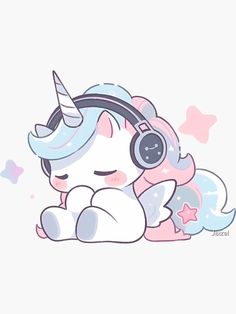 a cute little unicorn with headphones and stars on it's ears, laying down