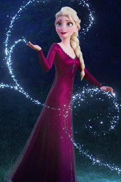 a frozen princess in a purple dress with sparkles around her neck and hands out to the side