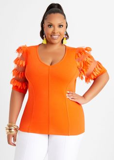 Put the "extra" in extraordinary with this stretch-cotton jersey top. Mesh sleeves are given a splash with leaf-shaped embellishments for an unexpectedly fun look! Party Tops With Mesh Short Sleeves, Spring Tops With Mesh Short Sleeves, Spring Top With Short Mesh Sleeves, Mesh Sleeves, Line Store, Ashley Stewart, Plus Size Top, Jersey Top, Jersey Tee