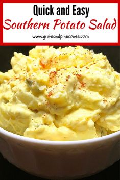 a white bowl filled with potato salad on top of a wooden table next to the words easy recipes southern potato salad