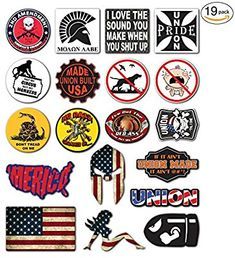 many different stickers and decals on a white background, including one with an american flag