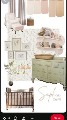 the baby's room is decorated in pastel tones and neutrals, with pink accents