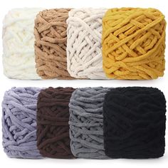 several colors of yarn on white, black, yellow, brown, and beiges