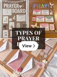 several different types of prayer boards and cards on a table with text overlay that reads, types of prayer board