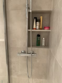 the shower head is mounted to the wall above the toilet and next to it's shelf