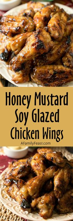 honey mustard soy glazed chicken wings on a plate with the title overlay above it