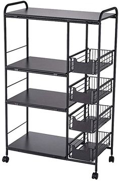 a metal shelf with four shelves and three baskets on it's sides, against a white background