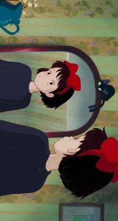 an animated image of two women looking at themselves in the mirror, with one holding her head up