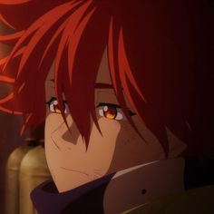 an anime character with red hair and orange eyes looking at something in front of him