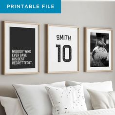 three black and white prints hanging on the wall above a bed with pillows in front of it