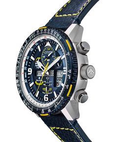 Citizen Eco-Drive offers this exceptional light-powered chronograph with a function-packed analog-digital dial and slide rule to specifically assist pilots. This premier Promaster Blue Angels Skyhawk A-t timepiece automatically synchronizes with the atomic clock to assure accuracy and precision the world over. Style #JY8078-01L Blue Analog Chronograph Watch For Outdoor, Outdoor Blue Analog Chronograph Watch, Blue Chronograph Watch With Round Dial For Outdoor, Blue Leather Chronograph Watch With Tachymeter, Blue Chronograph Watches For Outdoor Activities, Blue Chronograph Watch For Outdoor Activities, Blue Outdoor Chronograph Watch, Blue Chronograph Watch With 10atm Water Resistance For Outdoor, Blue Watch With 10atm Water Resistance For Outdoor Activities