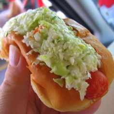 a hand holding a hot dog with coleslaw and ketchup on it