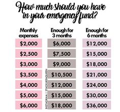 the pricing sheet for an emergency fund is shown in black and white, with pink lettering