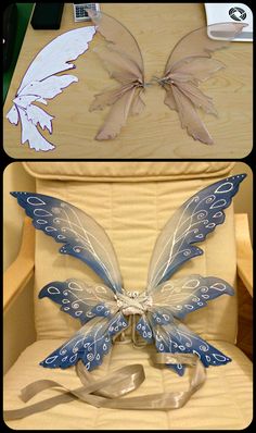 two pictures of butterfly wings sitting on top of a chair