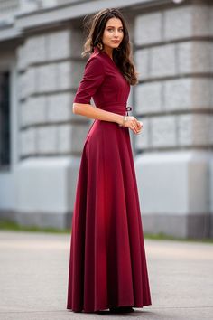 "Classic dark red maxi dress with circle skirts ➤ Features > dress lenght: 150 cm / 59,05\" > mid sleeves > v neckline > circle skirts > waistband ➤ Sizing My Size Guide in FAQ section below will help you define the perfect size match. The item can also be made according to your measurements - just message them to me. ➤ Delivery Your item is made-to-order and will be ready within 2-7 days. Average delivery times: > North America: up to 1-2 weeks > New Zealand, Australia: up Burgundy Maxi Dress For Formal Occasions, Burgundy A-line Midi Dress For Formal Occasions, Formal Burgundy Maxi Dress, Burgundy Fitted V-neck Maxi Dress, Elegant Burgundy Maxi Evening Dress, Elegant Burgundy Maxi Dress For Gala, Elegant Burgundy Maxi Dress, Dark Red Maxi Dress, Burgundy Formal Dress