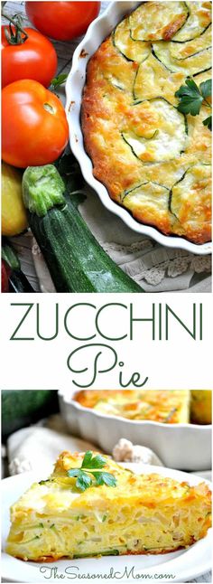 zucchini pie with tomatoes and cucumbers in the background