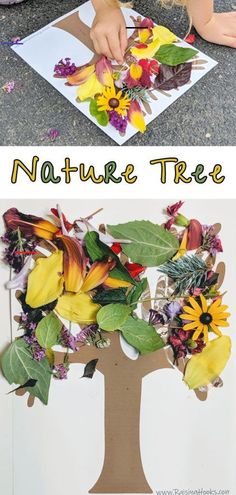 two pictures with flowers and leaves on them, one is cut out to make a tree