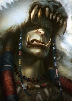 an artistic painting of a man with large teeth and headdress