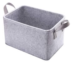 a gray felt storage bin with handles and straps on the sides, for storing small items