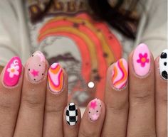 Fun Nails Colorful, Bright Nail Designs Short, Checkered Flower Nails, Pink Checkerboard Nails, Crazy Cute Nails, Colorful Fun Nails, Cute Bright Nails, Bright Fun Nails, Retro Nail Designs