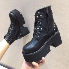 Black Buckle Design Rivet Ankle Boots on Storenvy Plat Form Boots, Lace Up Platform Boots, Pinterest Pretty, Boots 2020, Feminine Chic, Team Board, Work Place, Rounded Toe Boots, Style Punk