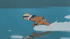 an animated image of a man on a surfboard in the water with his head down