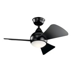 a black ceiling fan with a light on the top and two blades attached to it