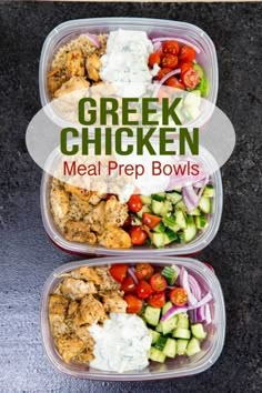 two plastic containers filled with chicken and veggies next to the words greek chicken meal prep bowls